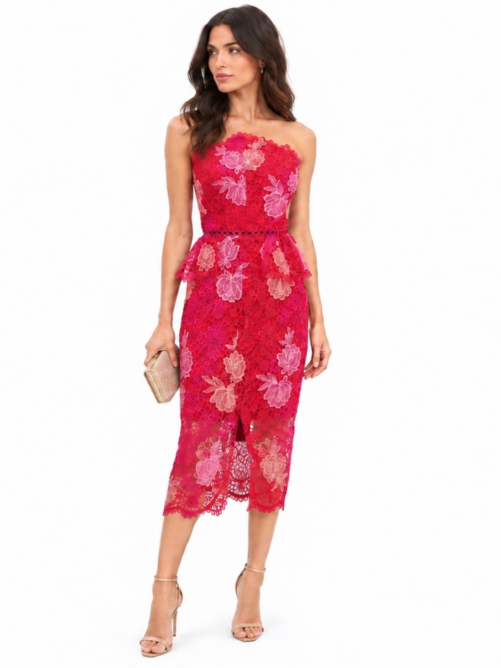 Elliatt Strapless Fuchsia Lace Peplum Midi Dress with Floral Fruit Appliqué Sz S